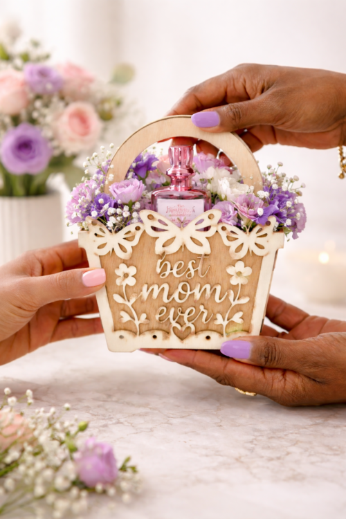 Mini wooden gift basket engraved “Best Mom Ever,” styled as a personalized Mother’s Day gift for mom with butterfly carvings