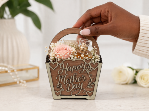 Mini wooden gift basket engraved “Happy Mother’s Day,” styled as a personalized Mother’s Day gift for mom.