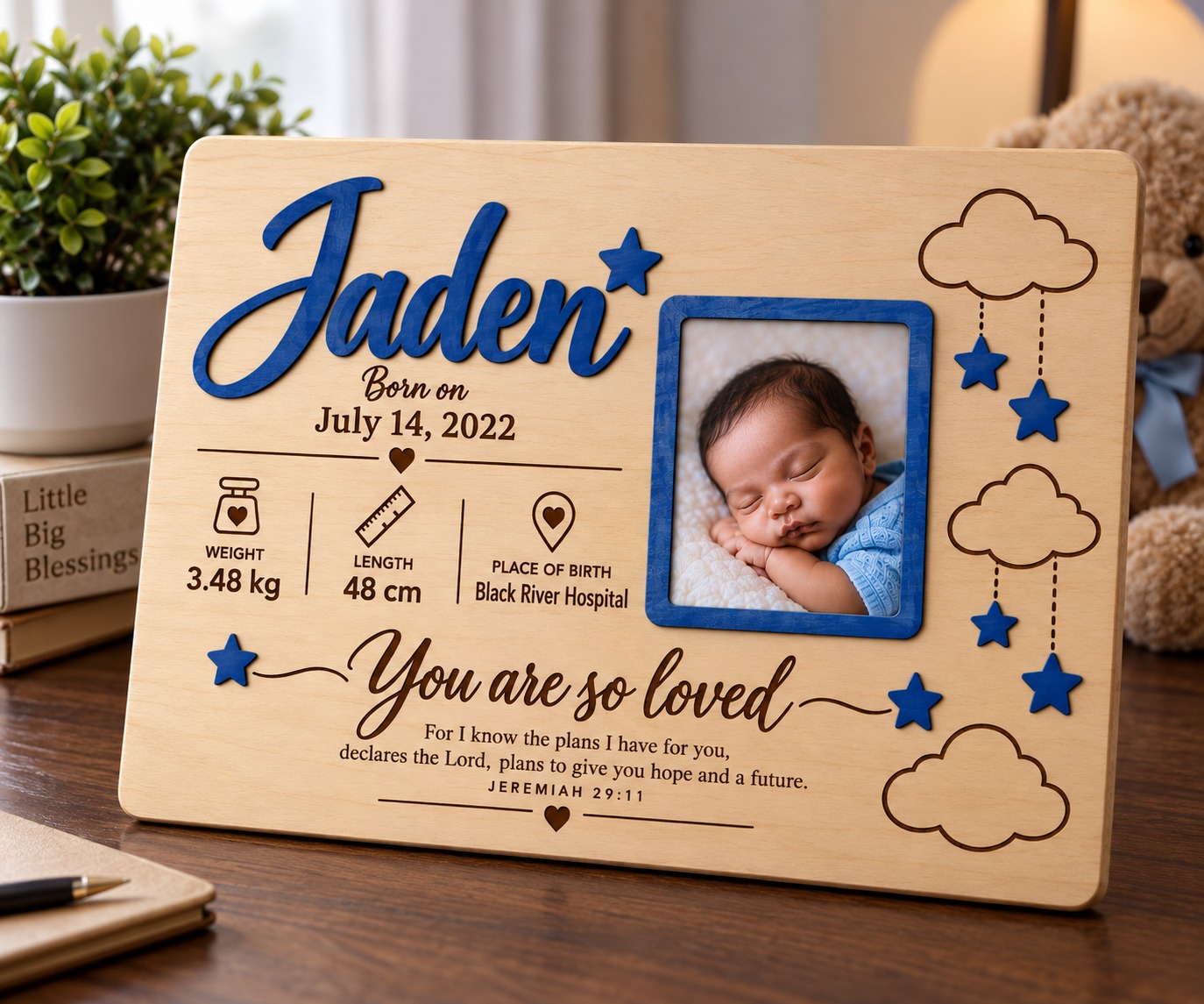 Personalized Baby Birth Details Wooden Plaque with Photo - 12X7 Blue