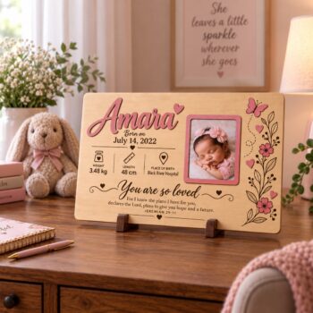 Personalized Baby Birth Details Wooden Plaque with Photo - 12X7 Pink